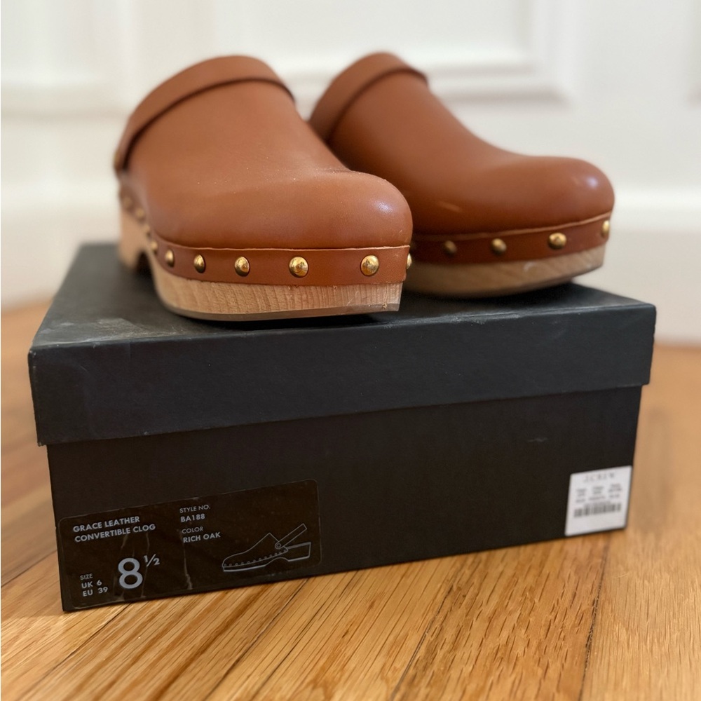 J. Crew Cognac Leather Studded Clog Mules - Picture 2 of 8